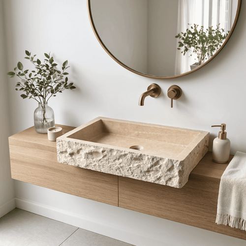 Handcrafted Natural Travertine Sink | Rustic Stone Vessel Sink | Rectangular Bathroom Basin | Handmade Travertine Wash Basin | Custom Sizes