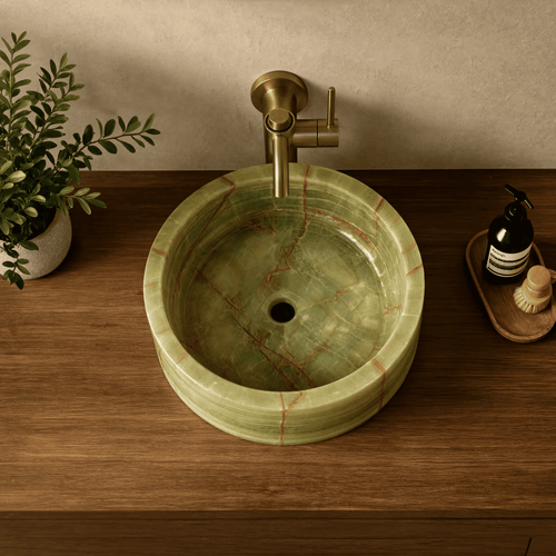 Green Onyx Round Vessel Sink | Handmade Natural Onyx Bathroom Sink | Luxury Stone Wash Basin | Countertop Vanity Bowl | Custom Sizes