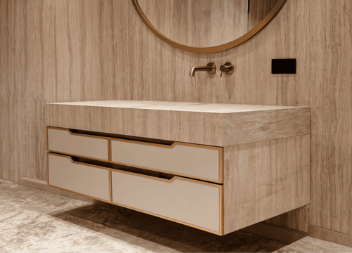 Floating Travertine Bathroom Vanity | Wall Mounted Stone Vanity | Modern Bathroom Cabinet with Soft-Close Drawers | Custom Sizes